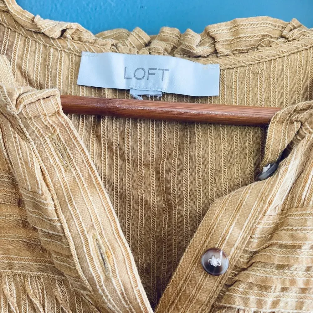 LOFT Pintucked Ruffle Swing Dress L Mustard Yellow Tie Waist Western Boho